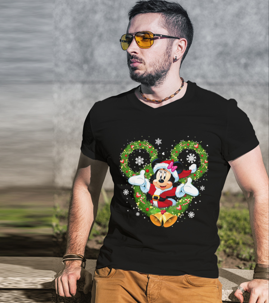 Minnie Mouse Christmas Wreath Santa Snowflakes Bow Bells T-Shirt