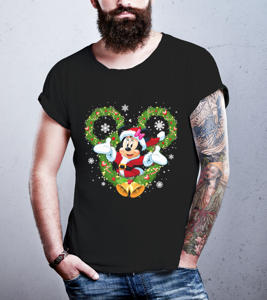 Minnie Mouse Christmas Wreath Santa Snowflakes Bow Bells T-Shirt