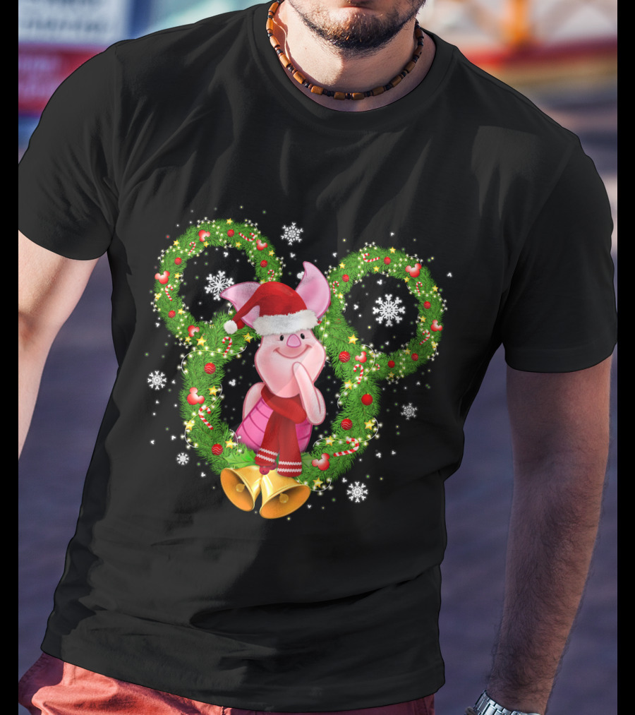 Piglet Christmas Wreath Mickey Mouse Ears Snowflakes Santa Hat T-Shirt