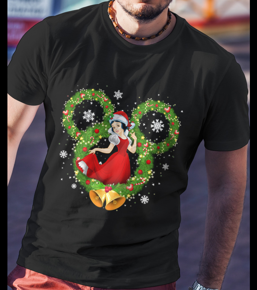 Snow White Christmas Wreath With Mickey Ears And Holiday Bells T-Shirt