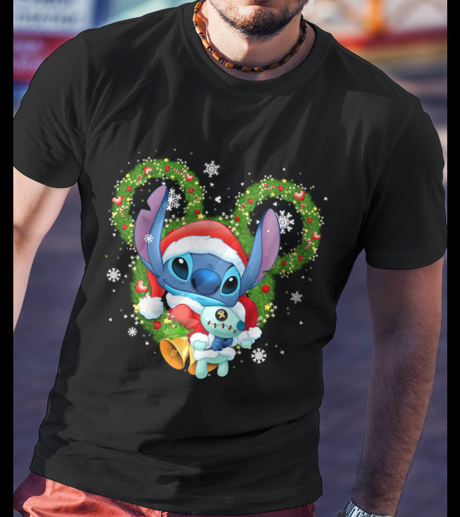 Stitch Santa Christmas Wreath Lilo And Stitch Disney Holiday T-Shirt