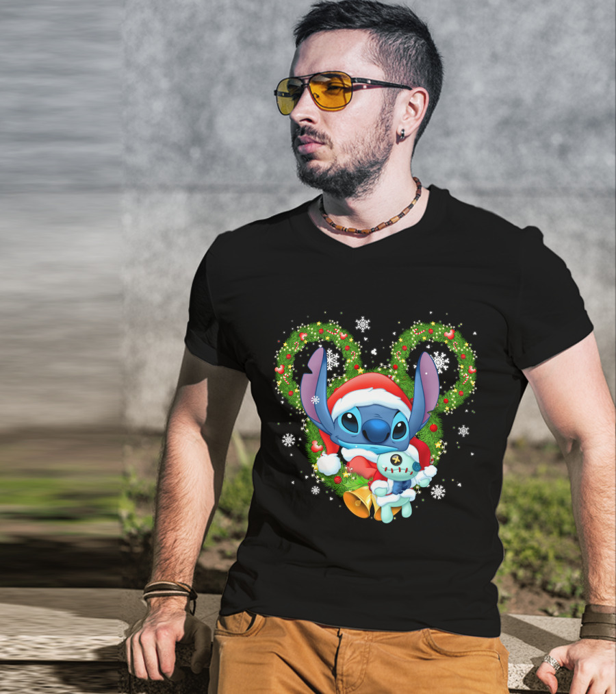 Stitch Santa Christmas Wreath Lilo And Stitch Disney Holiday T-Shirt