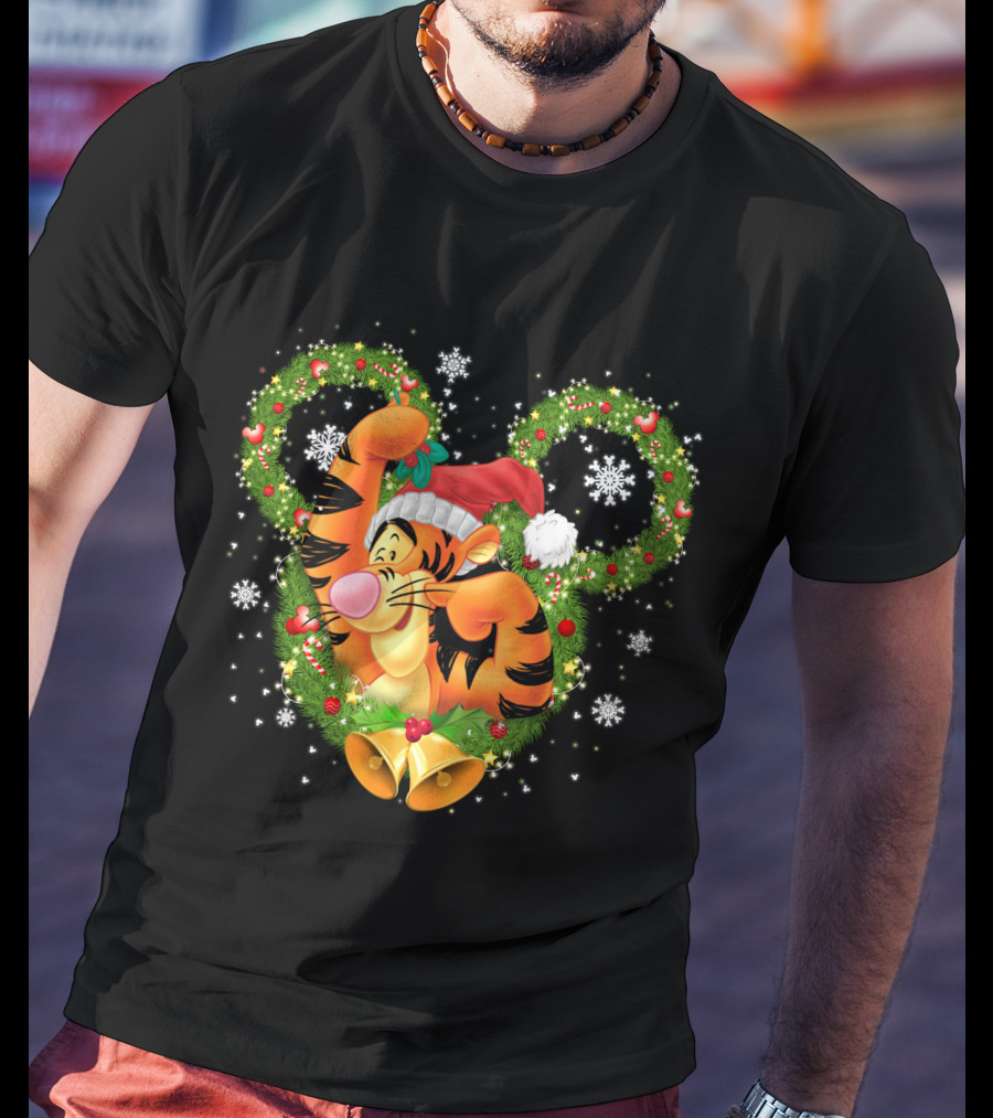 Tigger Christmas Mickey Ears Snowflakes Santa Hat Wreath T-Shirt