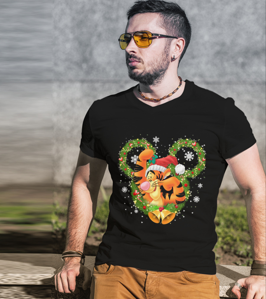 Tigger Christmas Mickey Ears Snowflakes Santa Hat Wreath T-Shirt