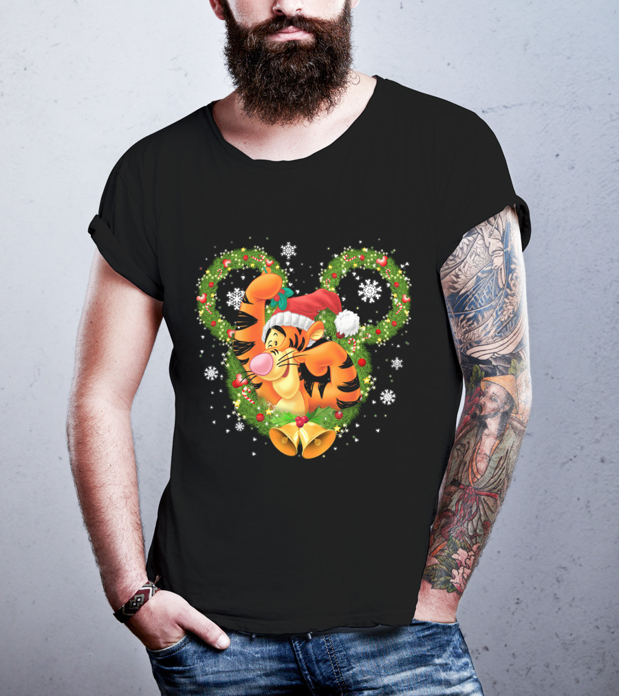 Tigger Christmas Mickey Ears Snowflakes Santa Hat Wreath T-Shirt