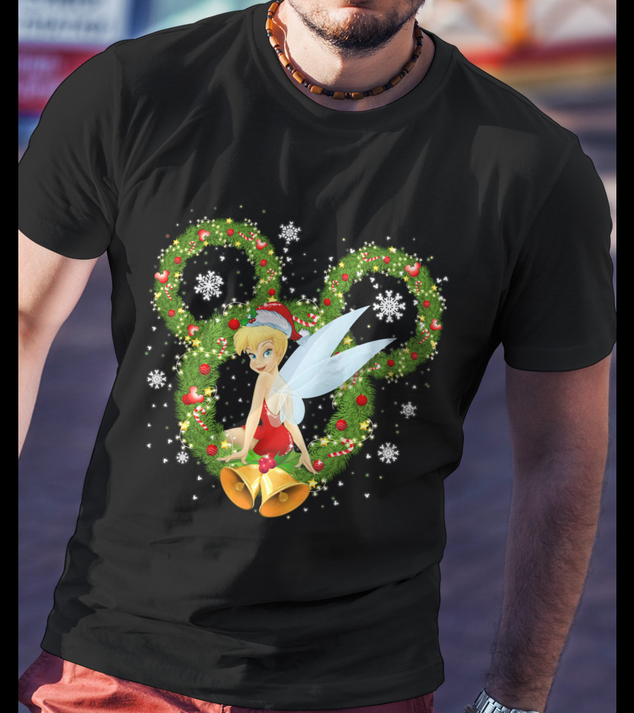 Tinker Bell Christmas Wreath With Santa Hat And Snowflakes T-Shirt