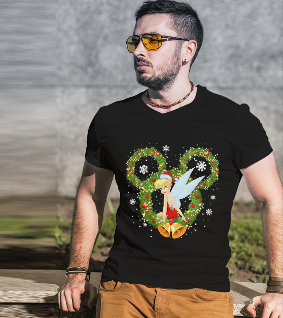 Tinker Bell Christmas Wreath With Santa Hat And Snowflakes T-Shirt