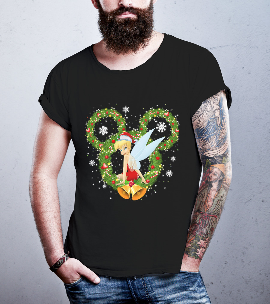Tinker Bell Christmas Wreath With Santa Hat And Snowflakes T-Shirt