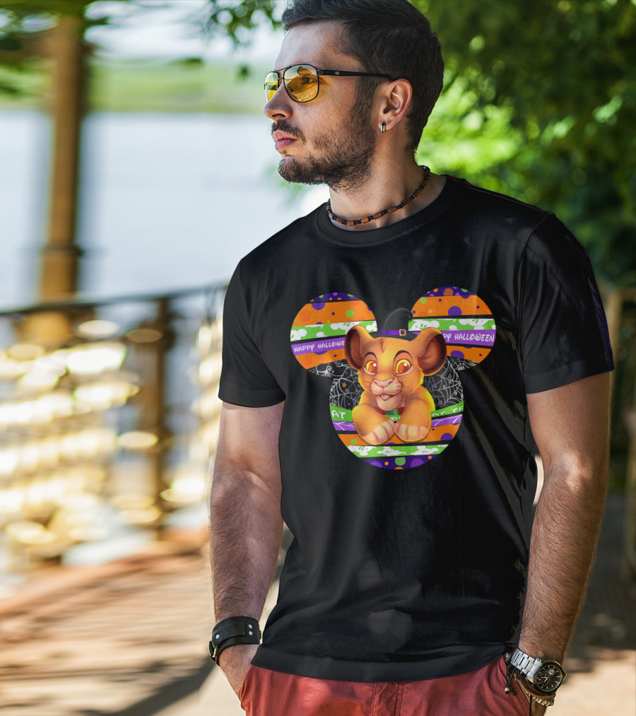 Simba Happy Halloween Mickey Mouse Ears Black Hat Spider Web Stripes T-Shirt