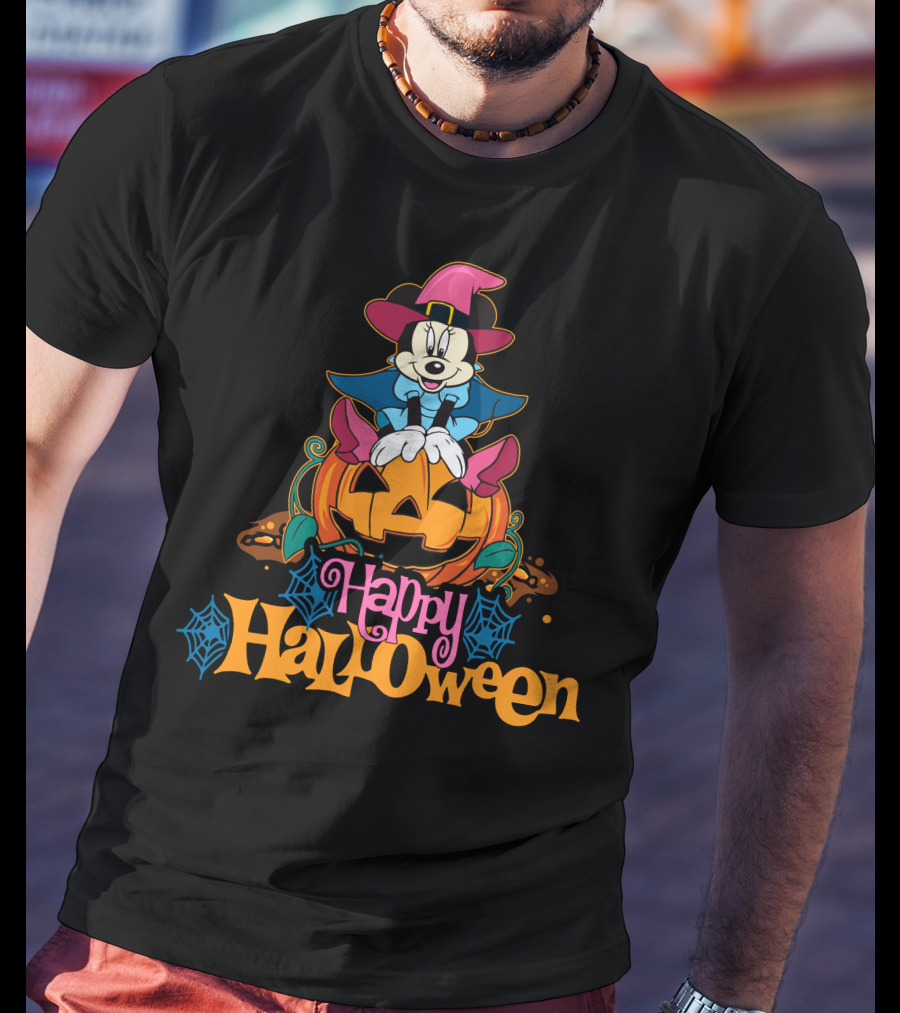 Happy Halloween 63 Mickey Mouse On Jack-O'-Lantern With Witch Hat And Spider Webs T-Shirt