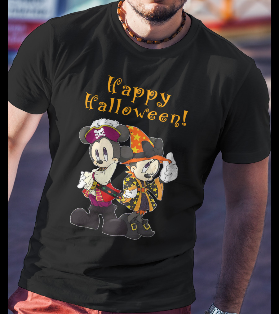 Happy Halloween Mickey And Minnie Mouse Pirate And Witch Costume T-Shirt