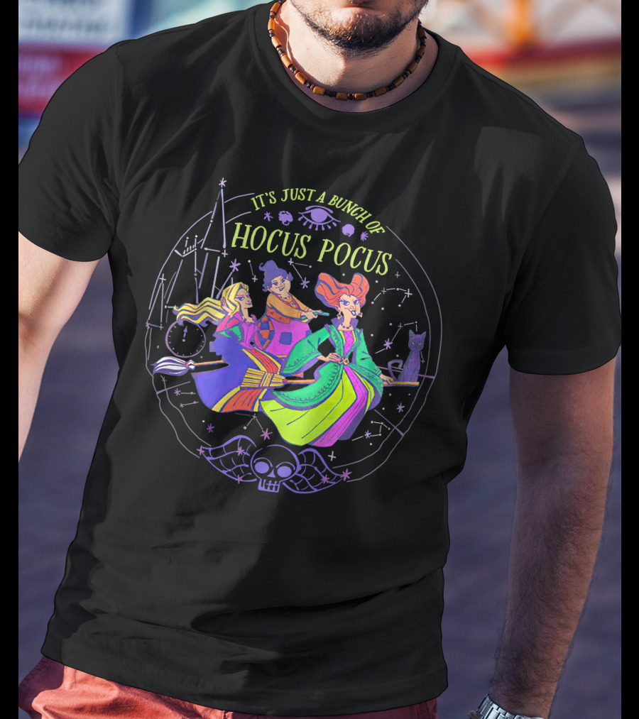 Hocus Pocus It's Just A Bunch Of Witches Flying With Magical Symbols And Black Cat T-Shirt
