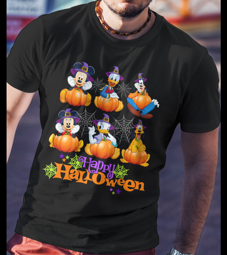 Mickey And Friends Happy Halloween Pumpkins And Spiderwebs T-Shirt