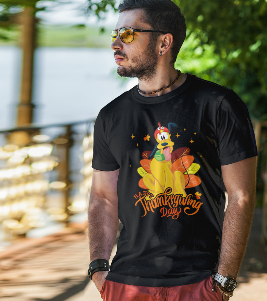 Happy Thanksgiving Day Pluto Turkey Costume Autumn Leaves Stars T-Shirt