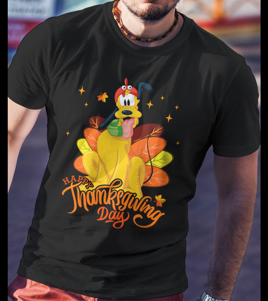 Happy Thanksgiving Day Pluto Turkey Costume Autumn Leaves Stars T-Shirt