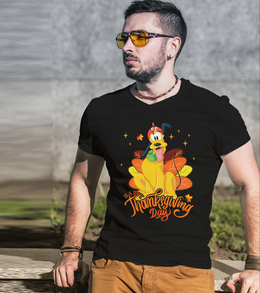 Happy Thanksgiving Day Pluto Turkey Costume Autumn Leaves Stars T-Shirt