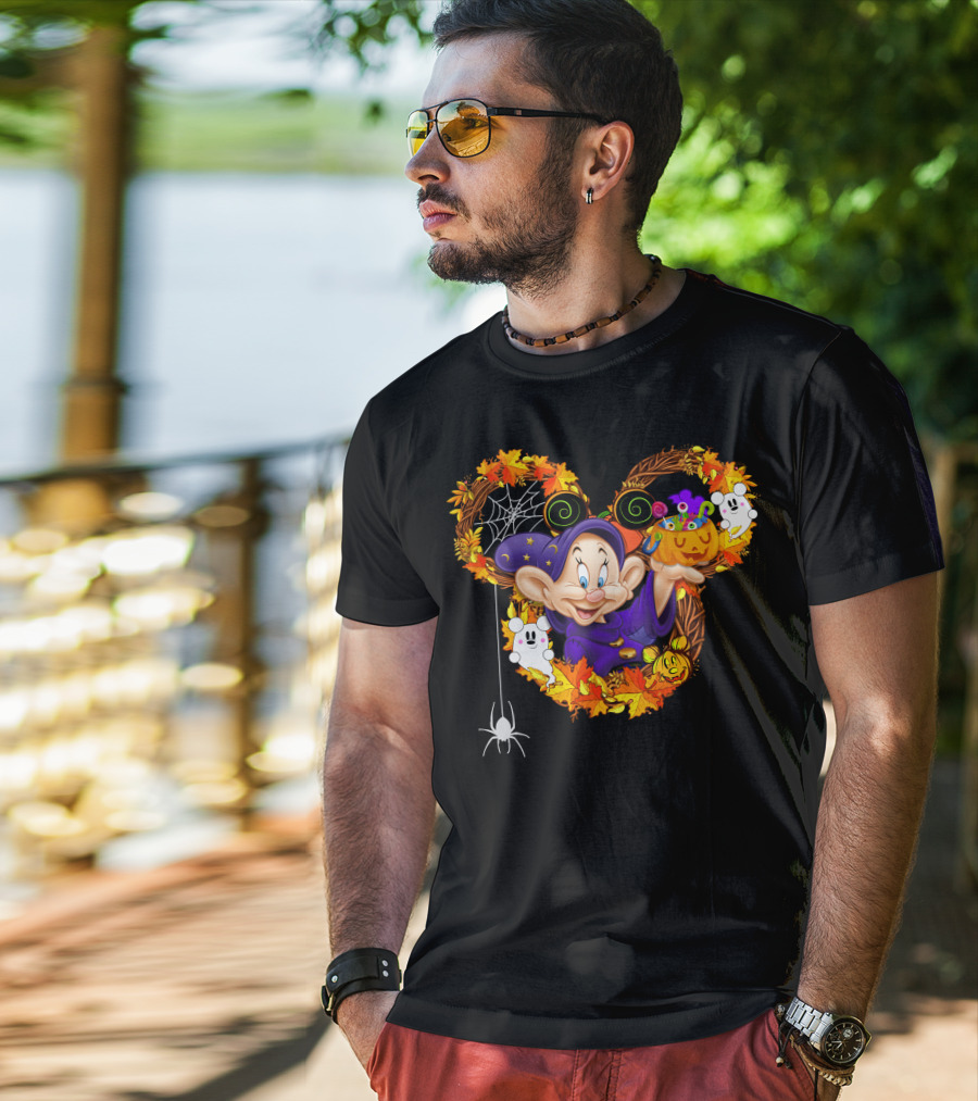 Dopey Halloween Mickey Ears Autumn Leaves Ghosts And Pumpkins T-Shirt