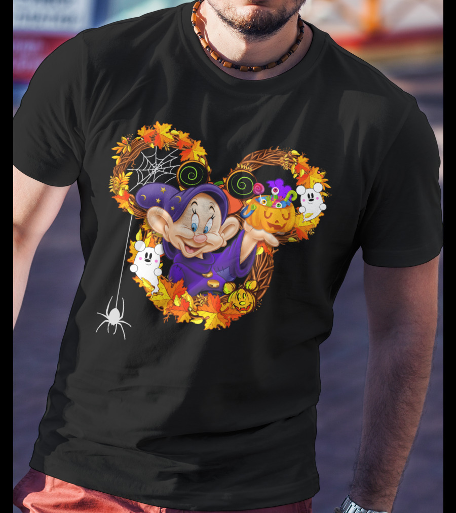 Dopey Halloween Mickey Ears Autumn Leaves Ghosts And Pumpkins T-Shirt