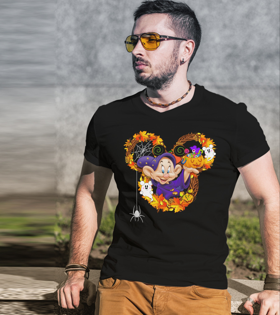 Dopey Halloween Mickey Ears Autumn Leaves Ghosts And Pumpkins T-Shirt