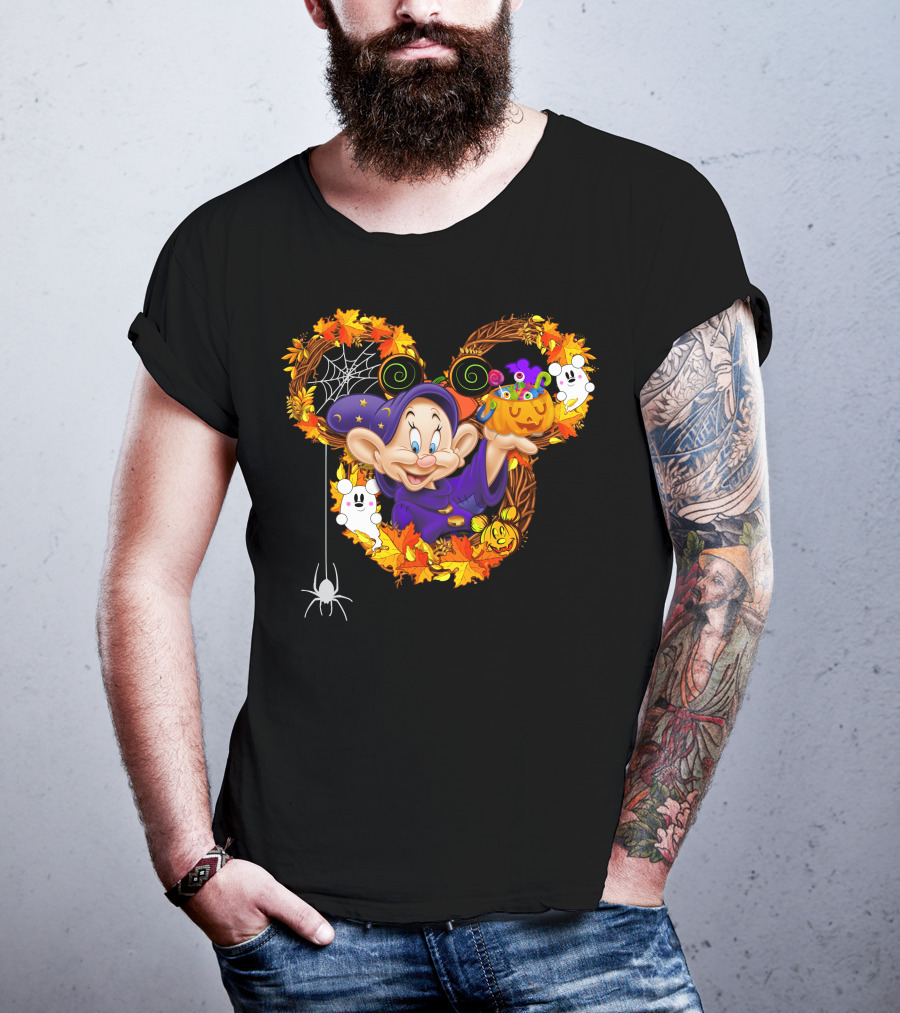 Dopey Halloween Mickey Ears Autumn Leaves Ghosts And Pumpkins T-Shirt