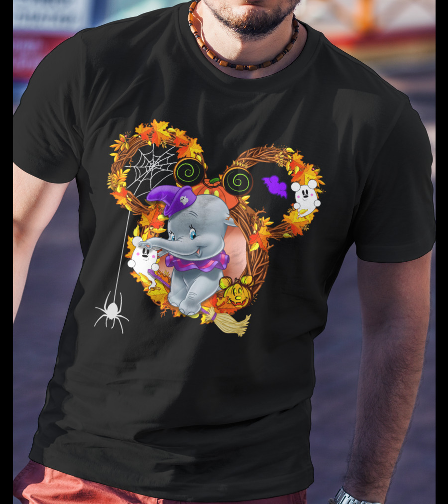 Dumbo Halloween Mickey Ears Fall Leaves Wreath With Ghosts And Spider Web T-Shirt