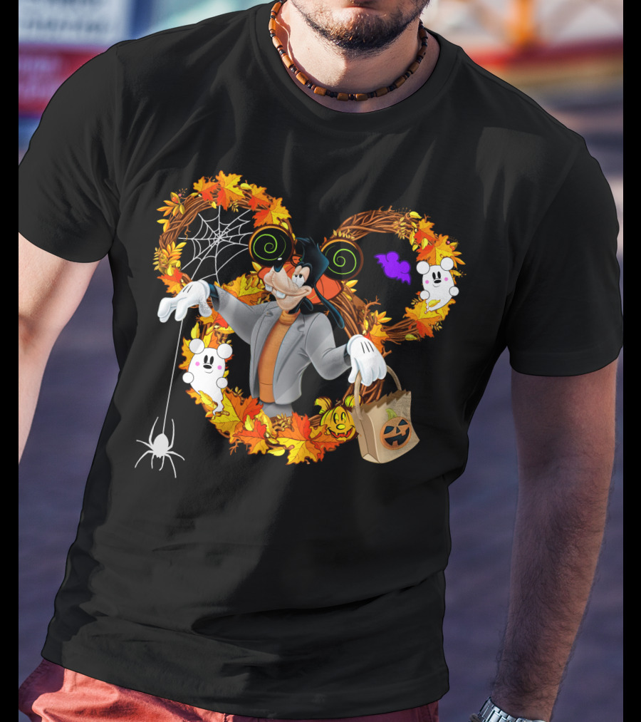 Halloween Goofy In Heart Of Autumn Leaves With Ghosts And Spider T-Shirt