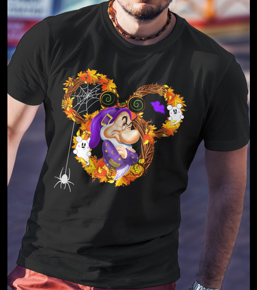 Grumpy Halloween Wreath With Ghosts And Spider Web In Autumn Colors T-Shirt