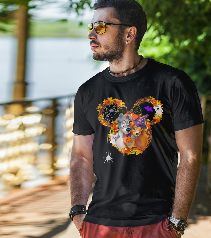 Lady And The Tramp Halloween Wreath With Pumpkins And Ghosts T-Shirt