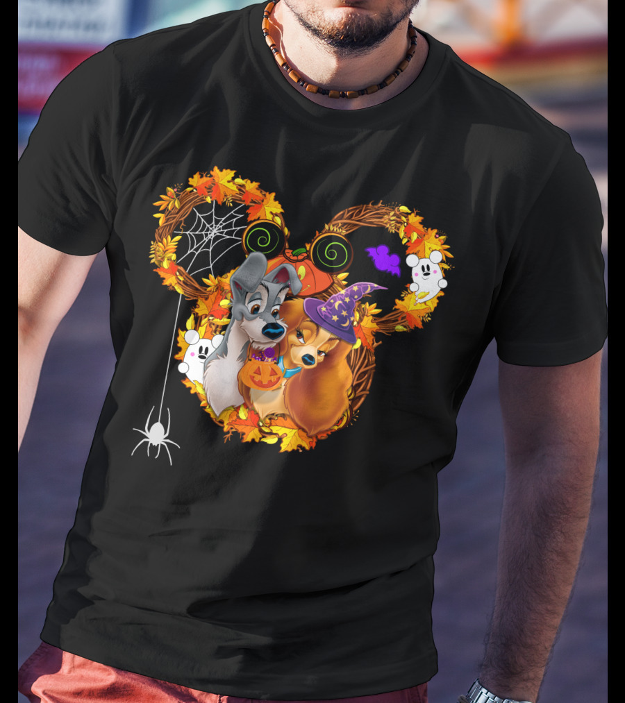Lady And The Tramp Halloween Wreath With Pumpkins And Ghosts T-Shirt