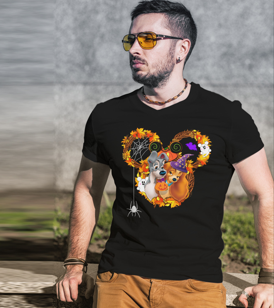 Lady And The Tramp Halloween Wreath With Pumpkins And Ghosts T-Shirt