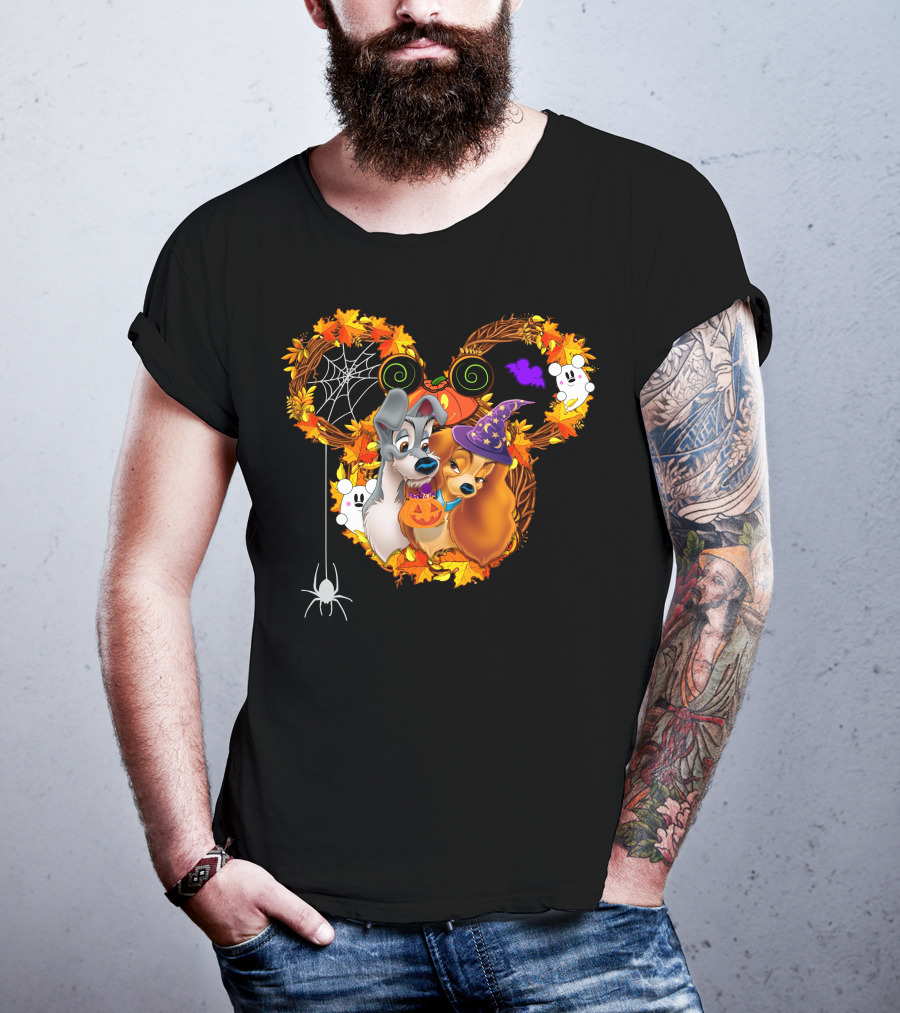 Lady And The Tramp Halloween Wreath With Pumpkins And Ghosts T-Shirt