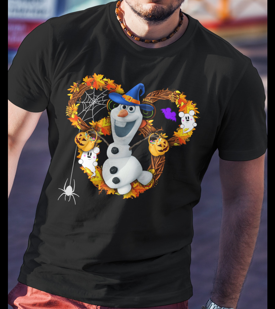 Olaf Halloween Witch Hat Pumpkin Candy Ghosts Spider Web Fall Leaves T-Shirt