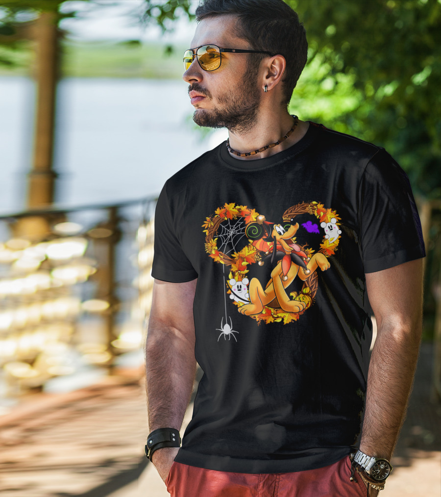 Pluto Halloween Autumn Wreath With Ghosts And Spiderweb T-Shirt