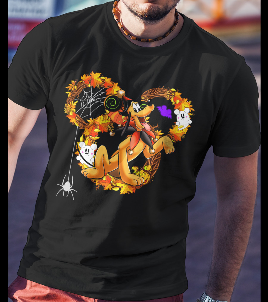 Pluto Halloween Autumn Wreath With Ghosts And Spiderweb T-Shirt