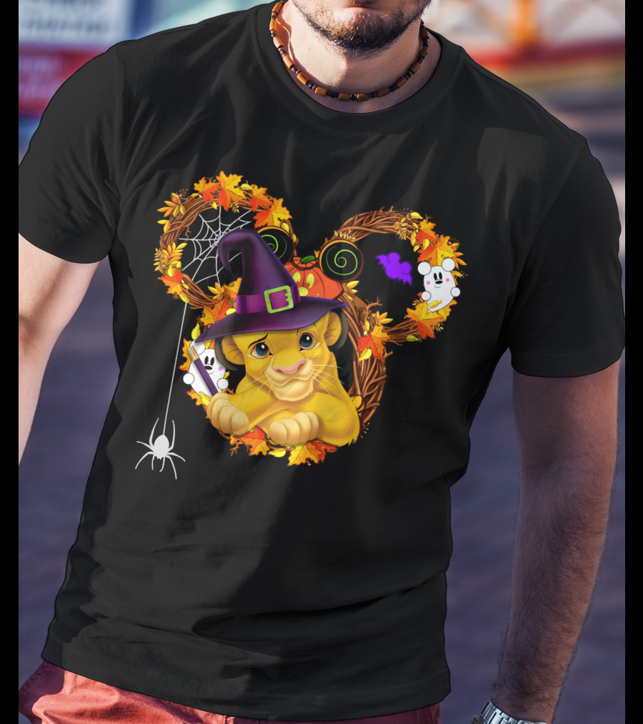 Simba Halloween Wreath With Witch Hat And Autumn Leaves T-Shirt
