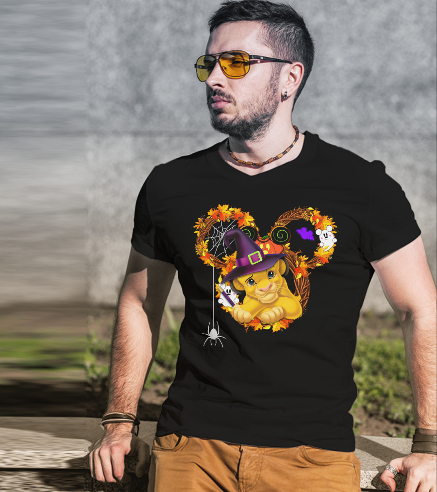 Simba Halloween Wreath With Witch Hat And Autumn Leaves T-Shirt