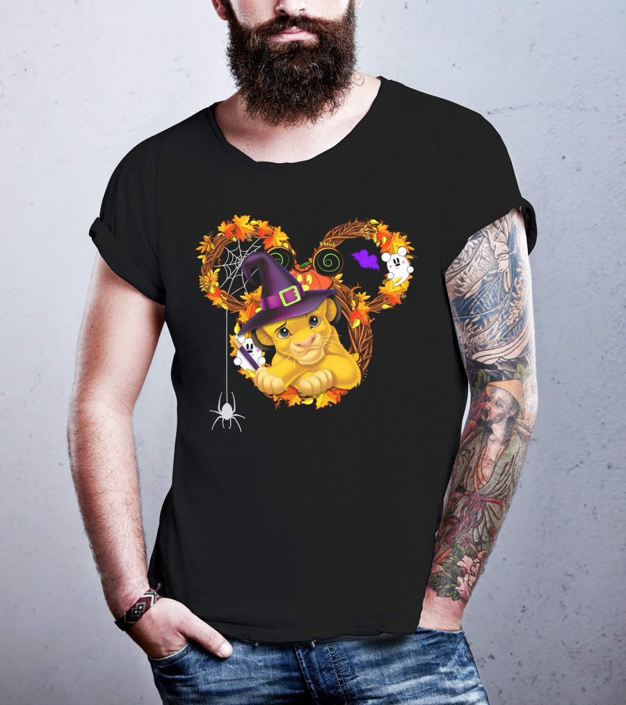 Simba Halloween Wreath With Witch Hat And Autumn Leaves T-Shirt
