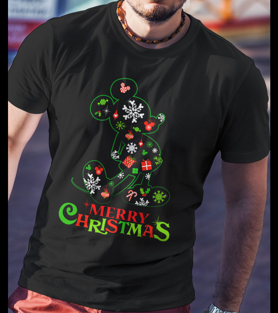 Merry Christmas Snowflakes Candy Cane Mickey Mouse Silhouette 128 T-Shirt