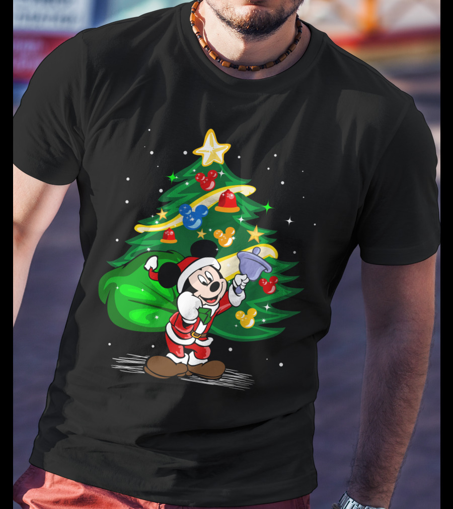 Mickey Mouse Santa With Christmas Tree And Ornaments T-Shirt