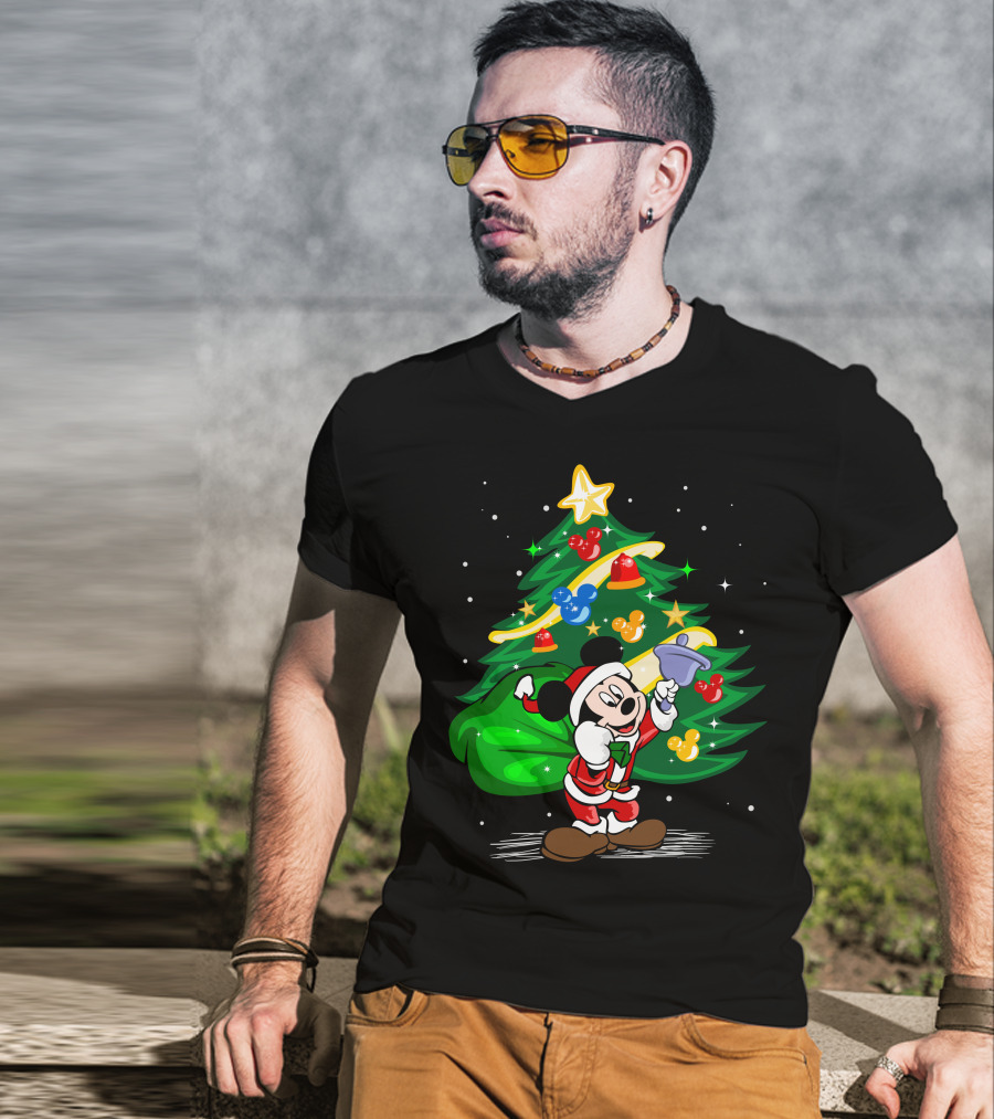 Mickey Mouse Santa With Christmas Tree And Ornaments T-Shirt