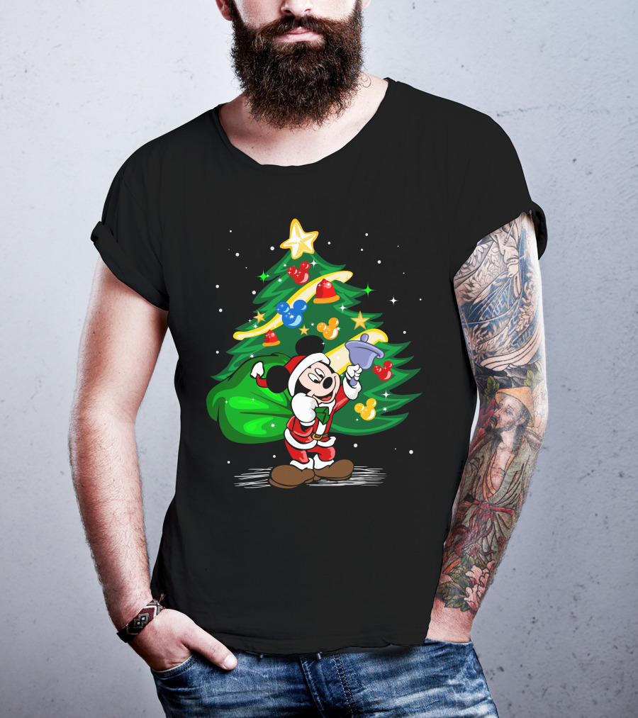 Mickey Mouse Santa With Christmas Tree And Ornaments T-Shirt