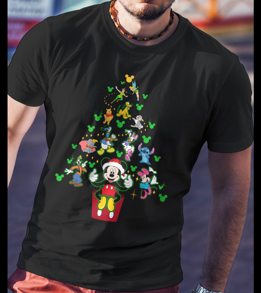 Merry Christmas 42 Disney Characters Tree Mickey Mouse Santa Minnie Stitch Tinker Bell Goofy Pluto Dumbo Winnie The Pooh T-Shirt