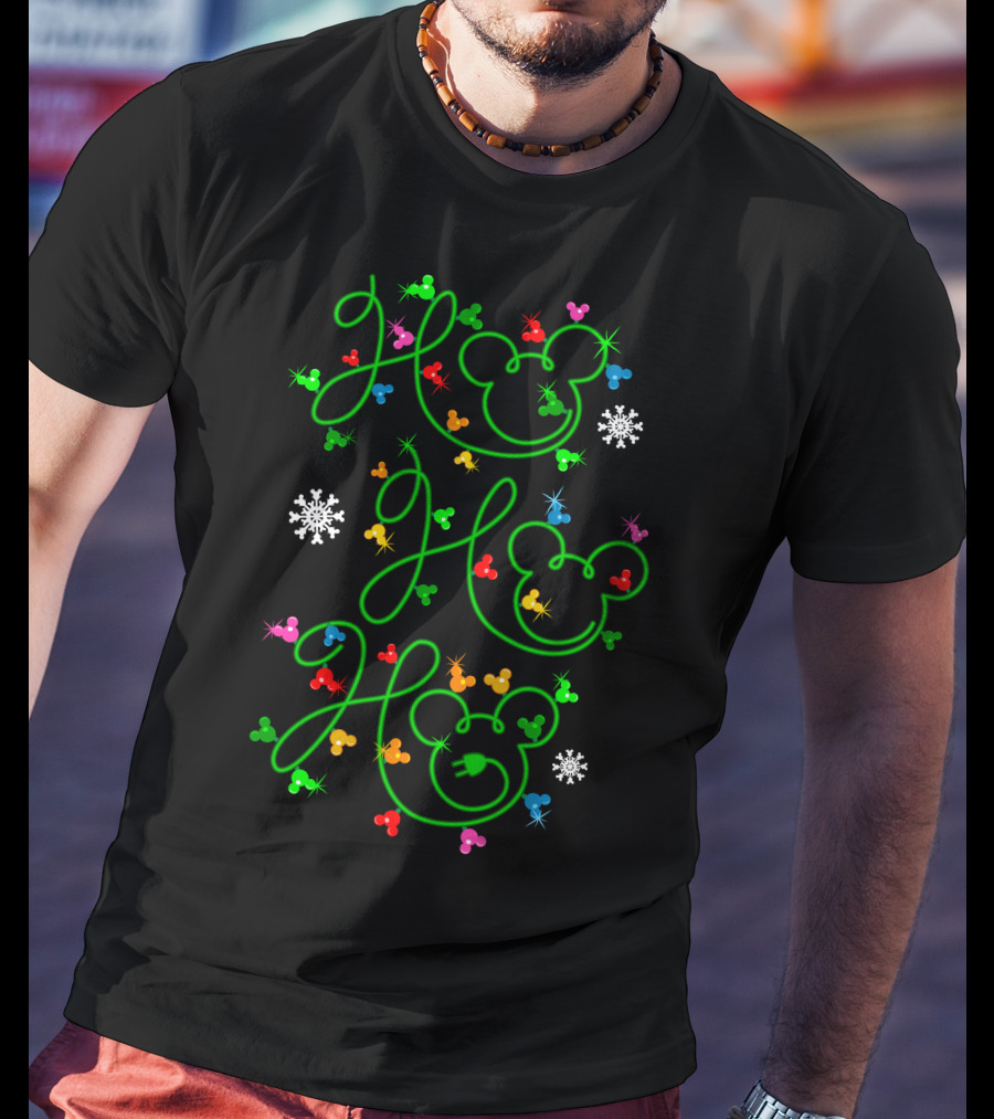 Ho Ho Ho Merry Christmas 54 Mickey Mouse Ears Snowflakes Colorful Ornaments T-Shirt