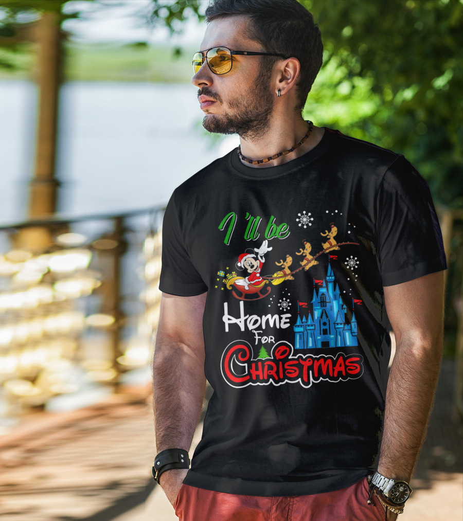 I'll Be Home For Christmas Mickey Mouse Santa Sleigh Castle Reindeer Snowflakes T-Shirt