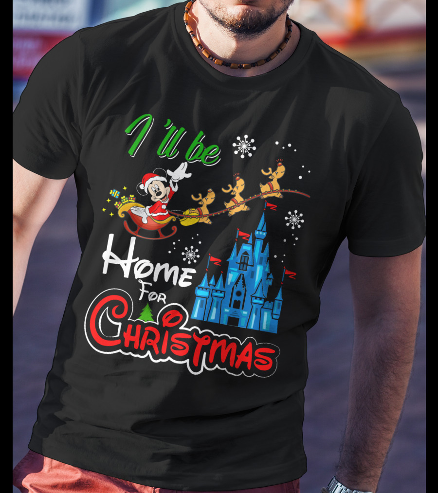 I'll Be Home For Christmas Mickey Mouse Santa Sleigh Castle Reindeer Snowflakes T-Shirt