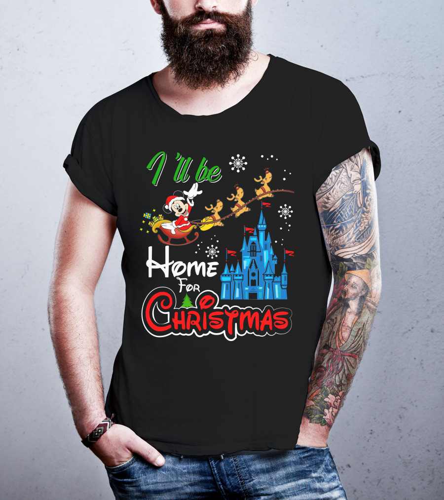 I'll Be Home For Christmas Mickey Mouse Santa Sleigh Castle Reindeer Snowflakes T-Shirt
