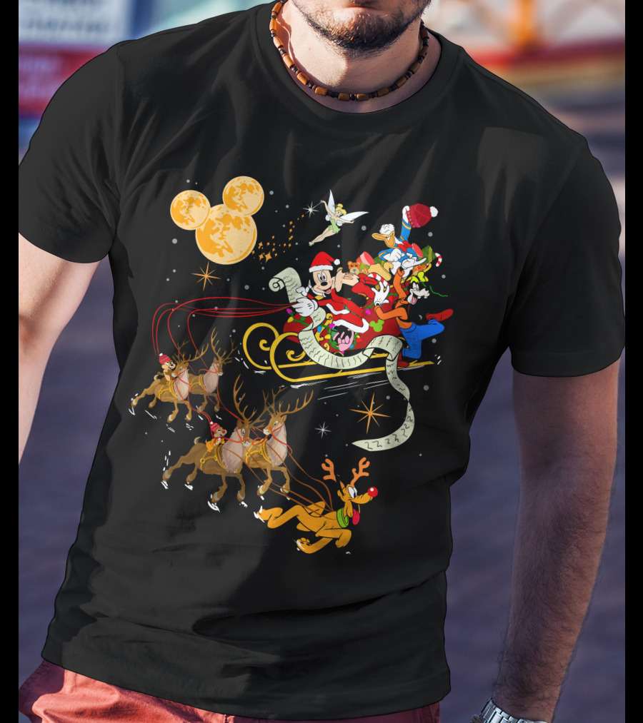 Mickey And Friends Christmas Sleigh Ride With Santa And Reindeer T-Shirt