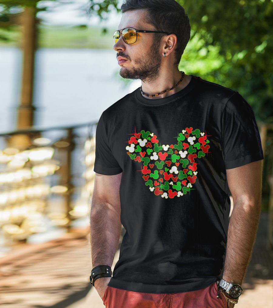 Festive Mickey Icon Pattern In Red Green And White T-Shirt