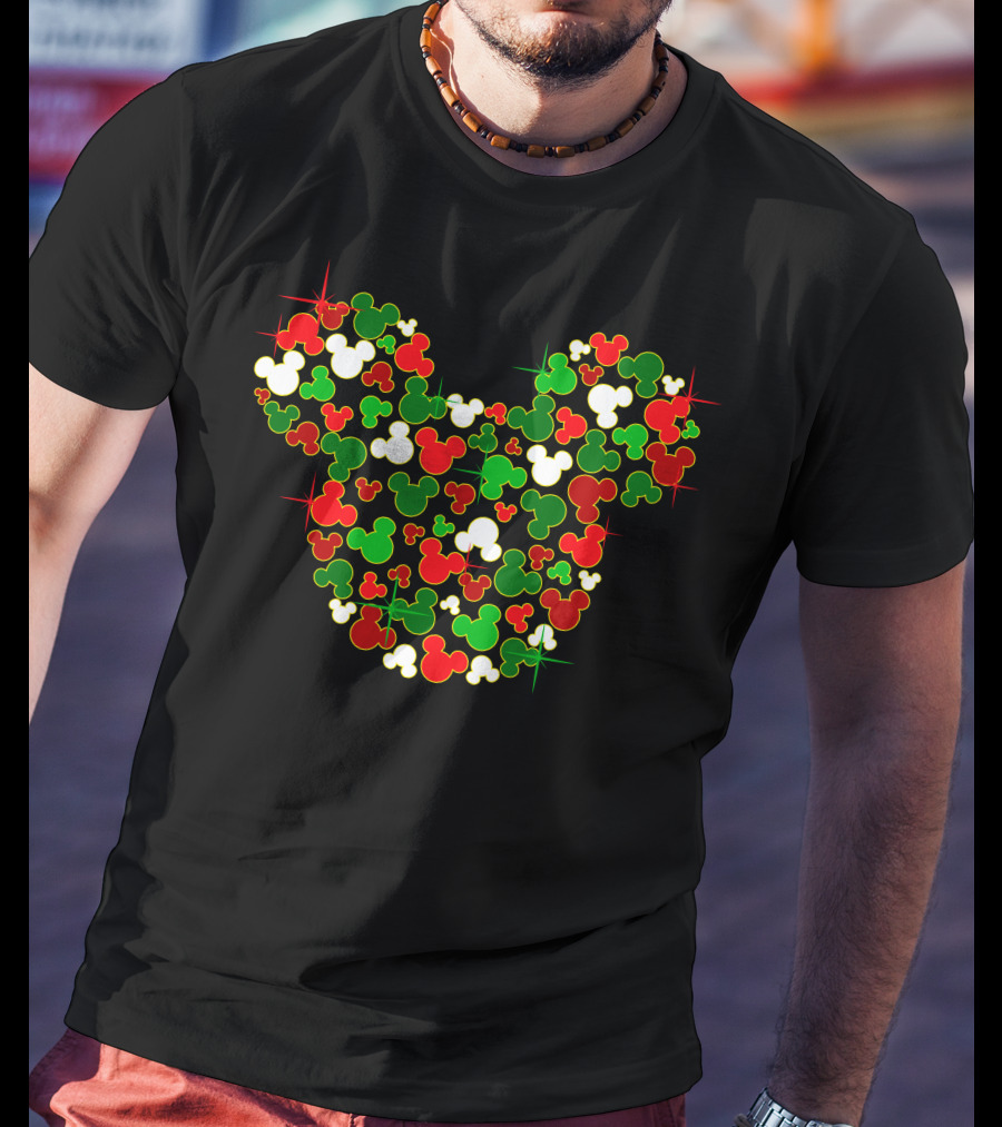 Festive Mickey Icon Pattern In Red Green And White T-Shirt