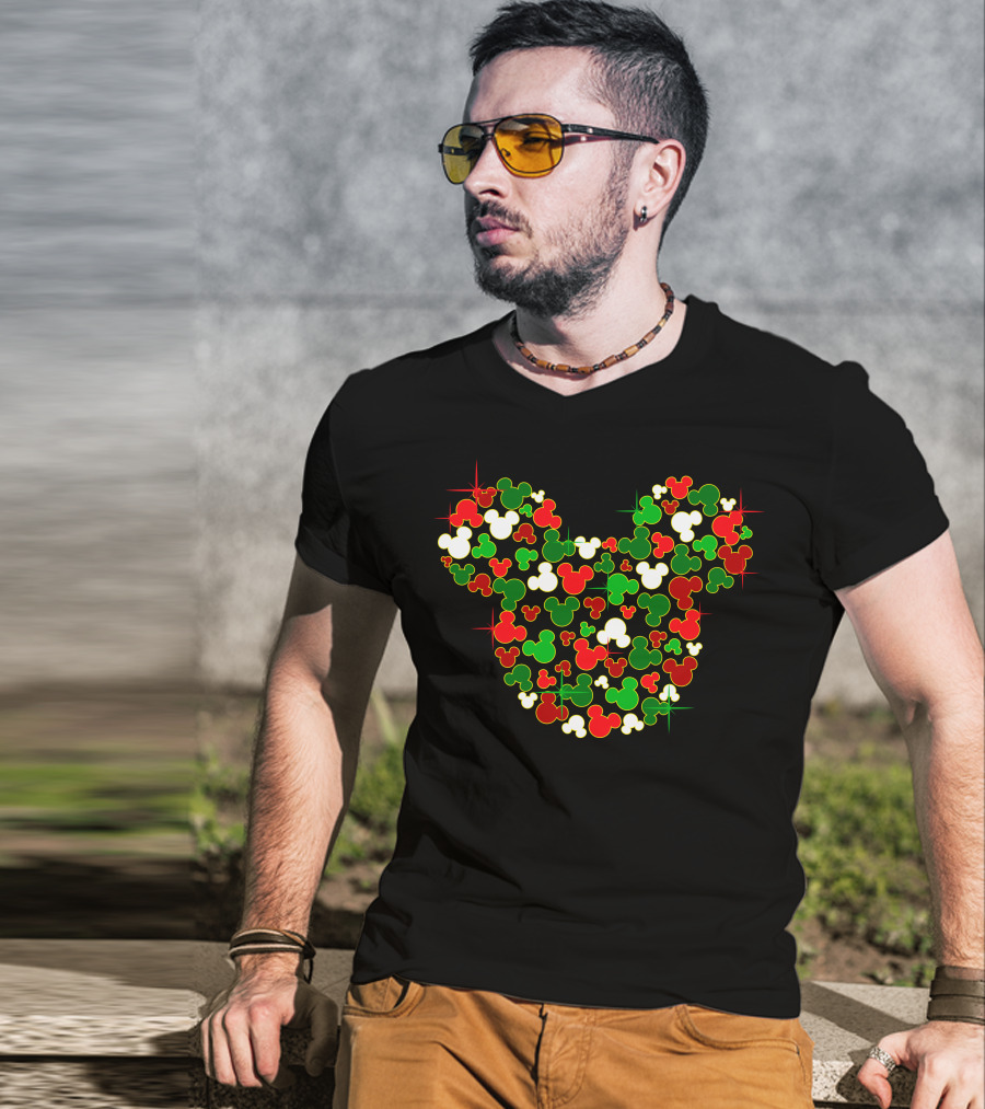 Festive Mickey Icon Pattern In Red Green And White T-Shirt
